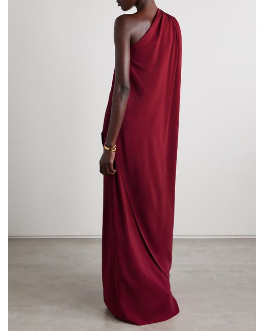 Oscar de la Renta Red One-Shoulder Embellished Draped Cady Gown