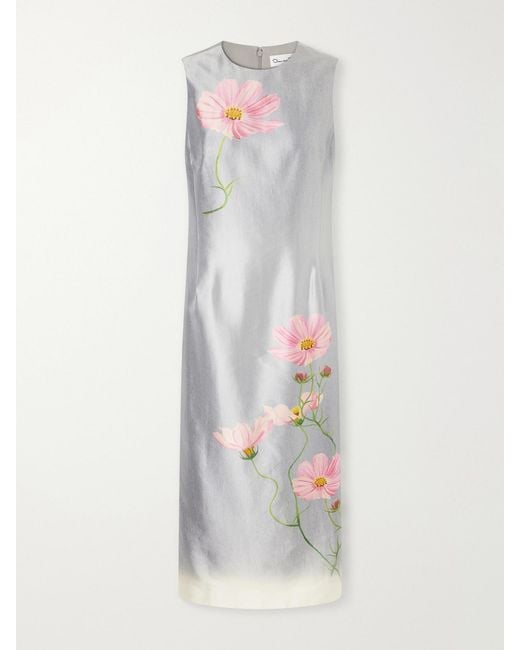 Oscar de la Renta White Floral-Print Satin Midi Dress