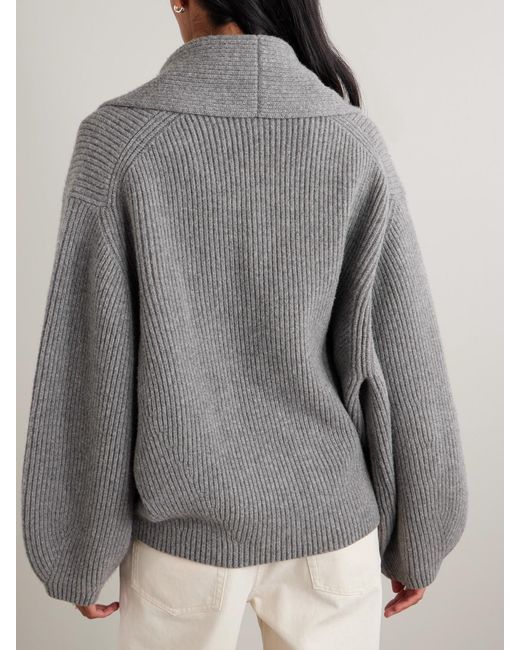 Totême Gray Oversized Ribbed Wool Cardigan