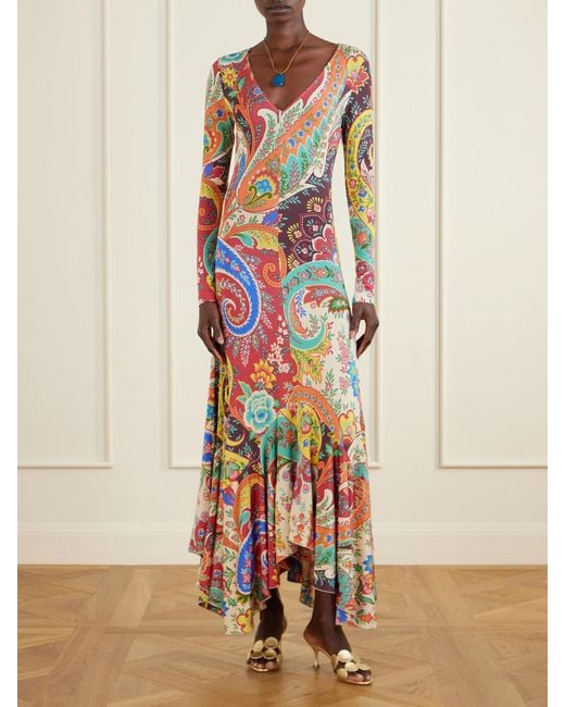 Etro White Ruffled Paisley-Print Jersey Maxi Dress