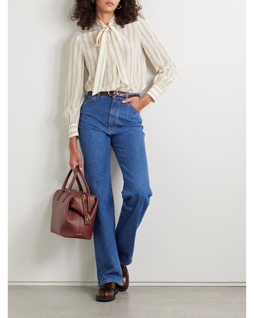 Nili Lotan Natural Irina Pussy-Bow Striped Silk-Georgette Blouse