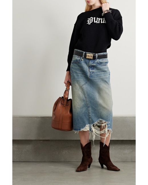 R13 Blue Jesse Distressed Denim Midi Skirt