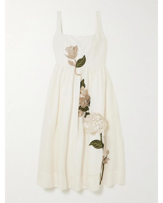 Agua Bendita Miramar Gardenia Appliqud Linen Midi Dress in Natural | Lyst