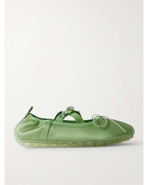 Simone Rocha Green Grosgrain-Trimmed Crystal-Embellished Pleated Satin Ballet Flats