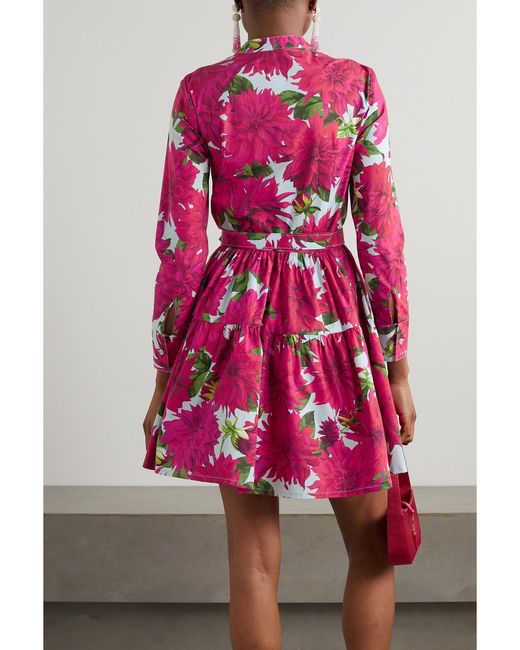 Oscar de la Renta Pink Belted Tiered Floral-Print Cotton-Poplin Mini Dress