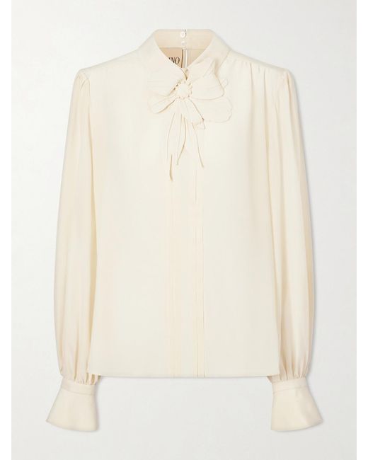 Valentino Garavani Natural Bow-Embellished Silk-Crepe De Chine Blouse