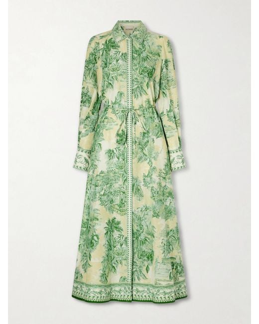 ALÉMAIS Green Sara Belted Printed Cotton And Silk-Blend Maxi Dress