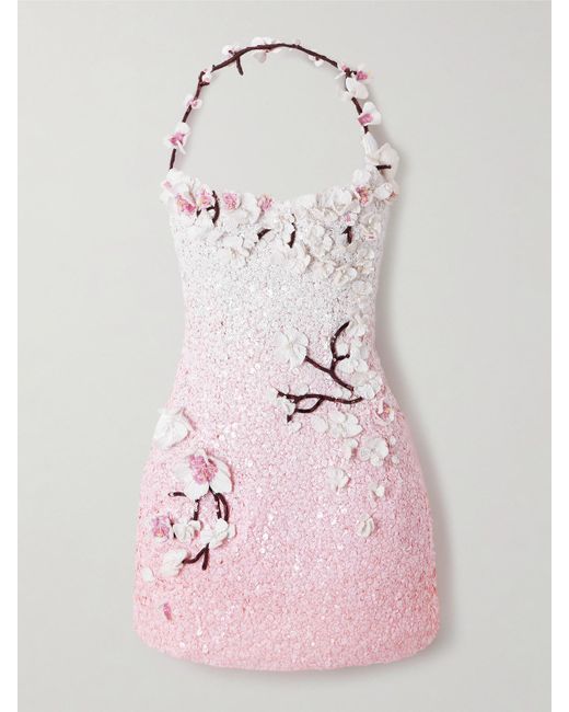 Oscar de la Renta Pink Embellished Sequined Organza Mini Dress