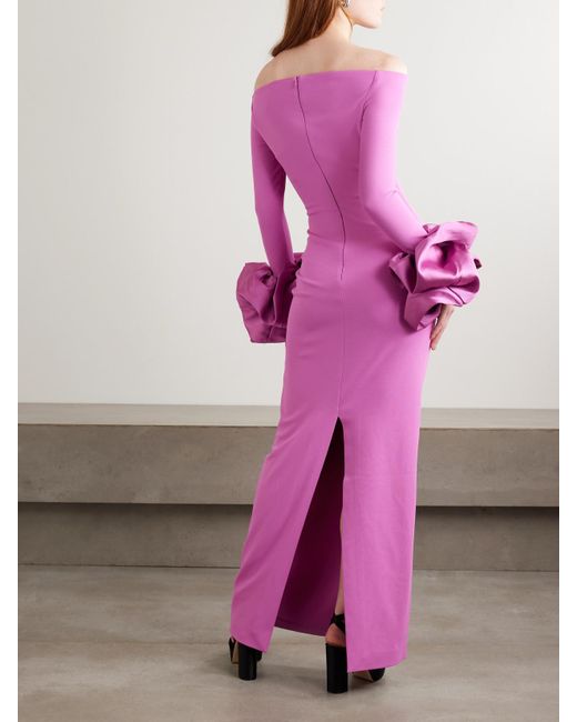 Solace London Pink Talia Off-The-Shoulder Faille-Trimmed Crepe Gown