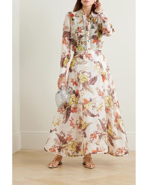Zimmermann White Matchmaker Floral-Print Linen And Silk-Blend Gauze Maxi Skirt