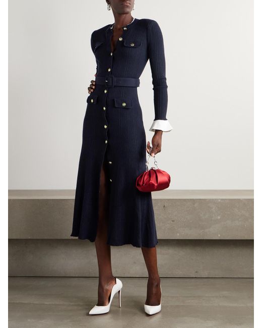 Self-Portrait Blue Belted Ribbed-Knit Midi Dress