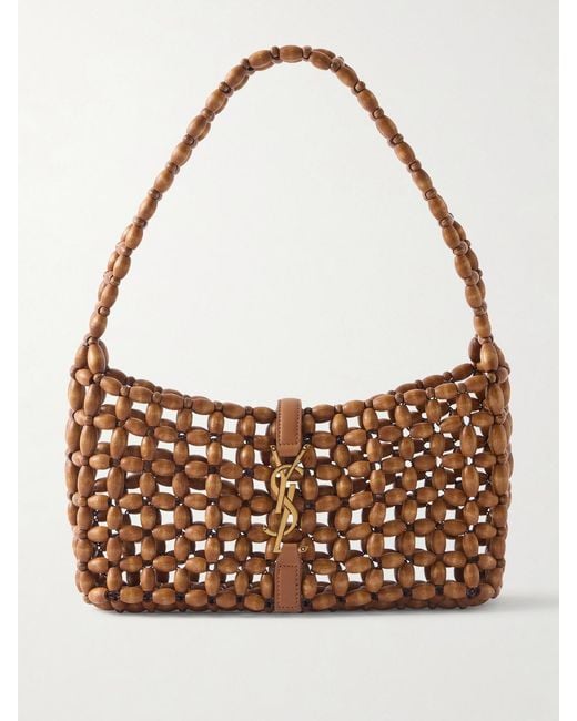 Saint Laurent Brown Le 5 À 7 Leather-Trimmed Woven Wood Shoulder Bag