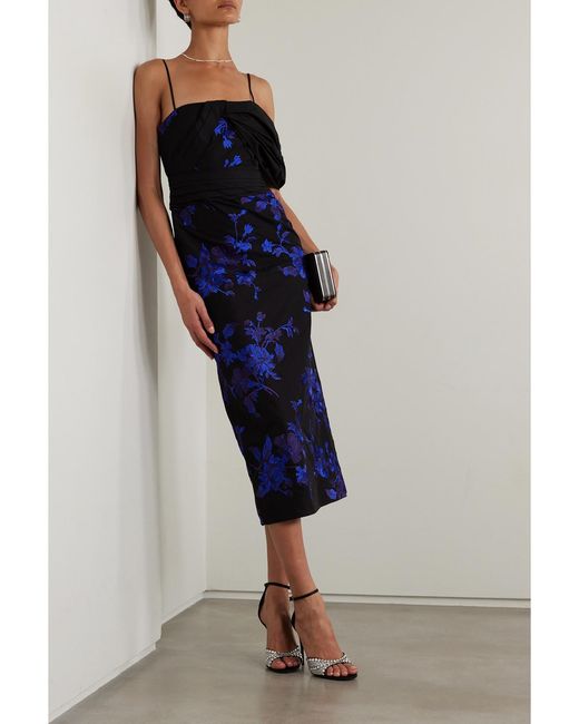 Erdem Blue One-Shoulder Embroidered Cotton-Faille Midi Dress