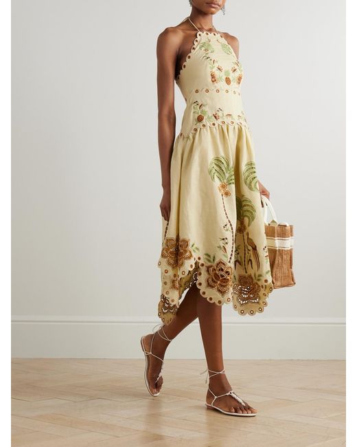 Farm Rio Metallic Scalloped Broderie Anglaise Linen Halterneck Dress