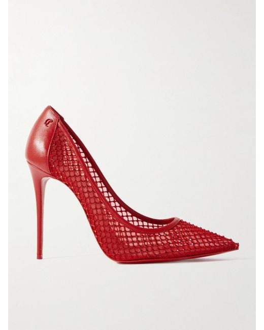 Christian Louboutin Red Sporty Kate 100 Crystal-Embellished Leather-Trimmed Mesh Pumps
