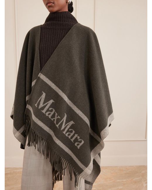 Max Mara Gray Fringed Wool-Jacquard Cape