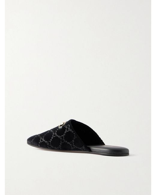 Gucci Black Slippers Aus Samt Mit Horsebit-Detail Und Kristallen