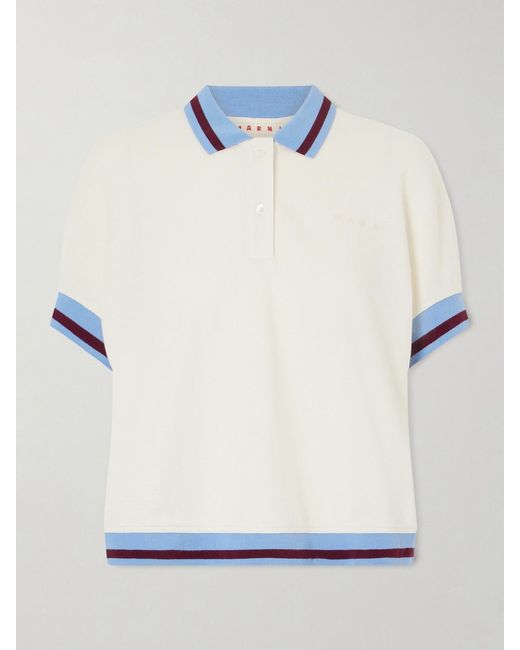 Marni Blue Embroidered Striped Cotton-Piqué Polo Shirt