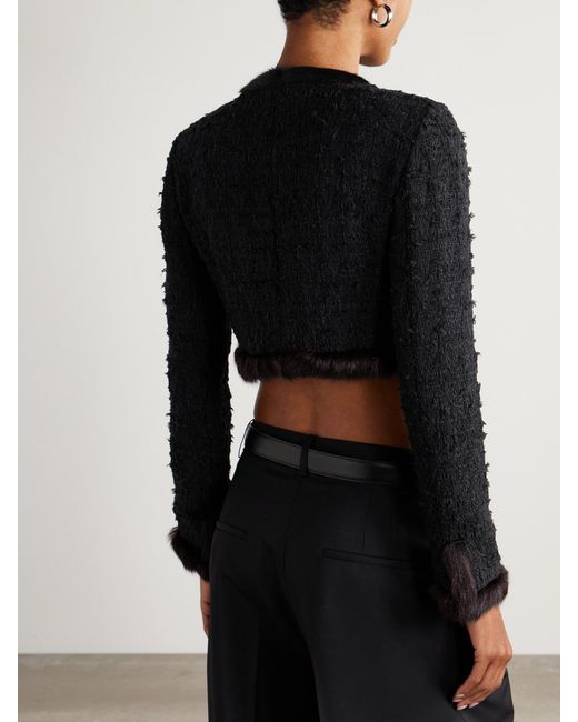 Dolce & Gabbana Black Cropped Shearling-Trimmed Cotton-Blend Tweed Jacket