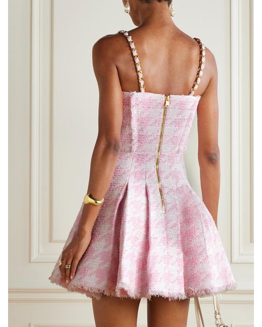 Balmain Pink Embellished Frayed Houndstooth Cotton-Blend Tweed Mini Dress