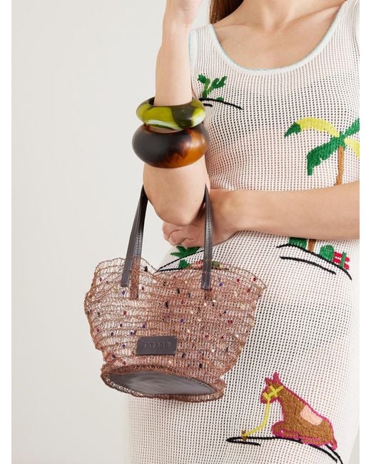 Staud Pink Jewel Leather-Trimmed Embellished Crocheted Bucket Bag