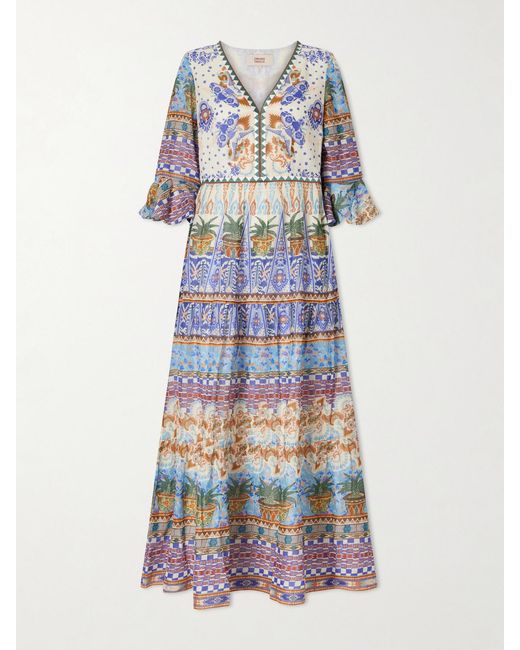 Emporio Sirenuse White Bella Pleated Printed Cotton Maxi Dress