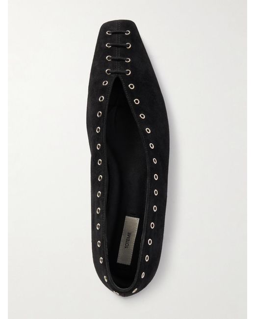 Totême Black Lace-Up Eyelet-Embellished Suede Ballet Flats