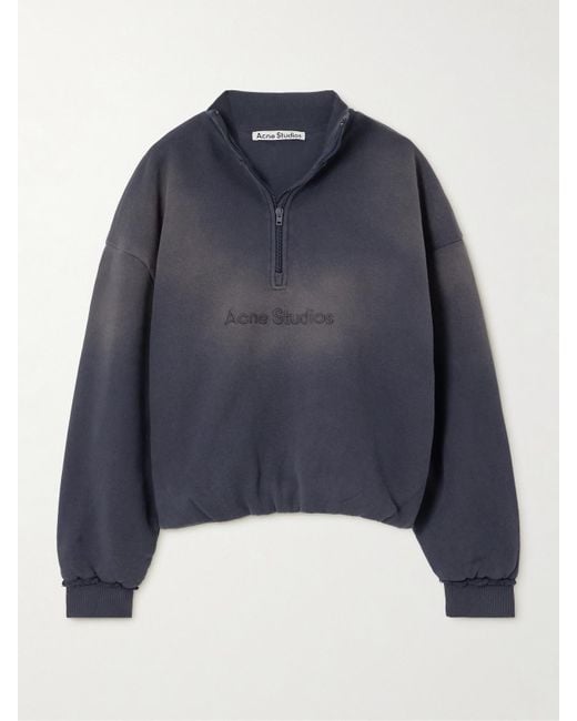 Acne Blue Embroidered Frayed Cotton-Jersey Sweatshirt