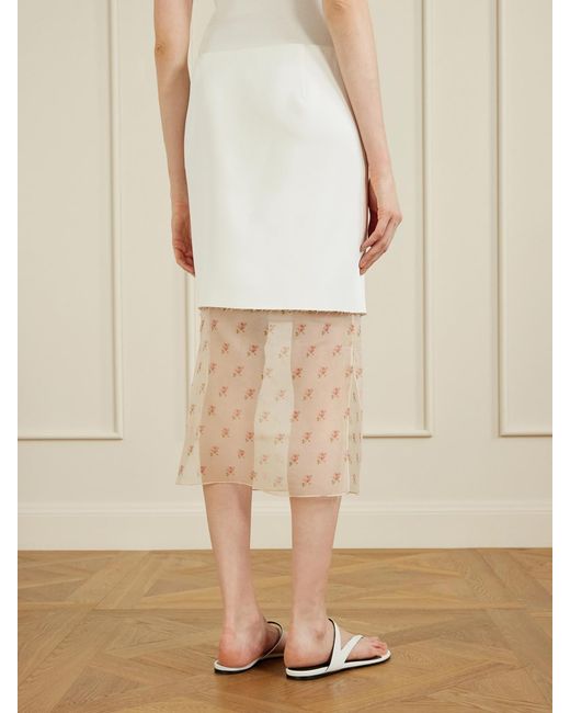 Khaite White Sybil Layered Frayed Satin-Crepe And Floral-Print Organza Midi Skirt