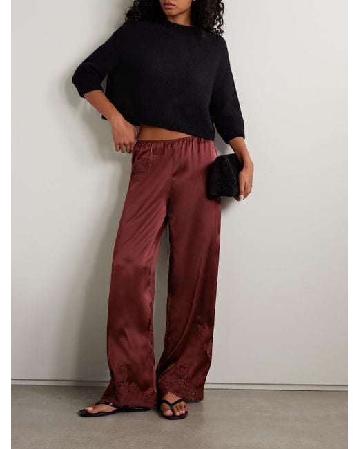 Doen Red Lavon Hose Mit Weitem Bein Aus Seidensatin Mit Spitzenbesätzen