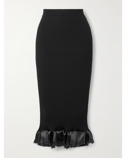 FFORME Black Riley Satin-Trimmed Ribbed Wool-Blend Skirt