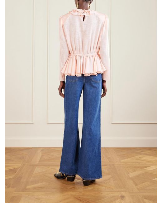Chloé Pink Ruffled Tie-Detailed Floral Silk-Jacquard Blouse