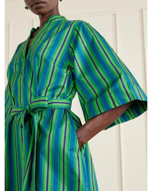 ALÉMAIS Green Margo Belted Striped Floral-Print Organic Cotton-Poplin Midi Dress