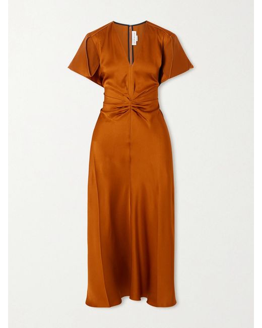 Victoria Beckham Orange Gathered Satin Midi Dress
