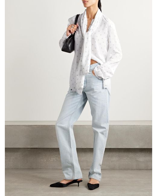 Acne White Layered Tie-Neck Distressed Polka-Dot Georgette Blouse