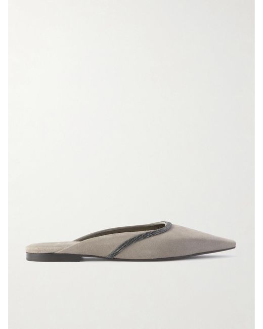 Brunello Cucinelli White Slippers Aus Veloursleder Mit Zierperlen