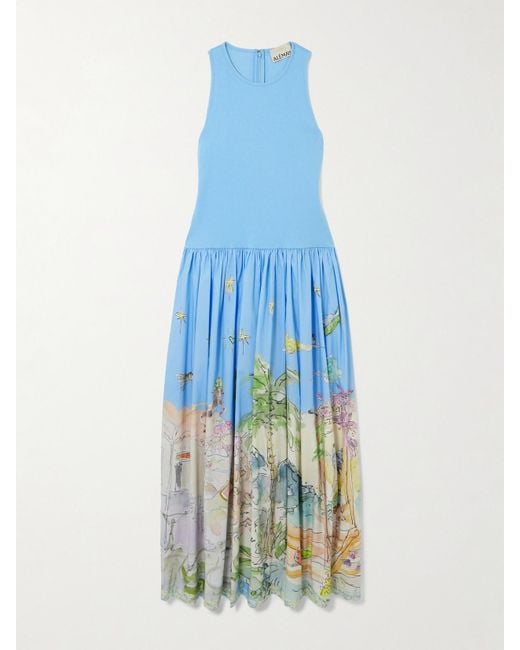 Robe Midi En Popeline De Coton Biologique Imprimée Et En Jersey De Coton Biologique Côtelé X Anouk Colantoni ALÉMAIS en coloris Blue