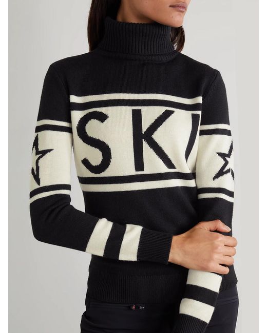 Perfect Moment Black Schild Intarsia Merino Wool Turtleneck Sweater