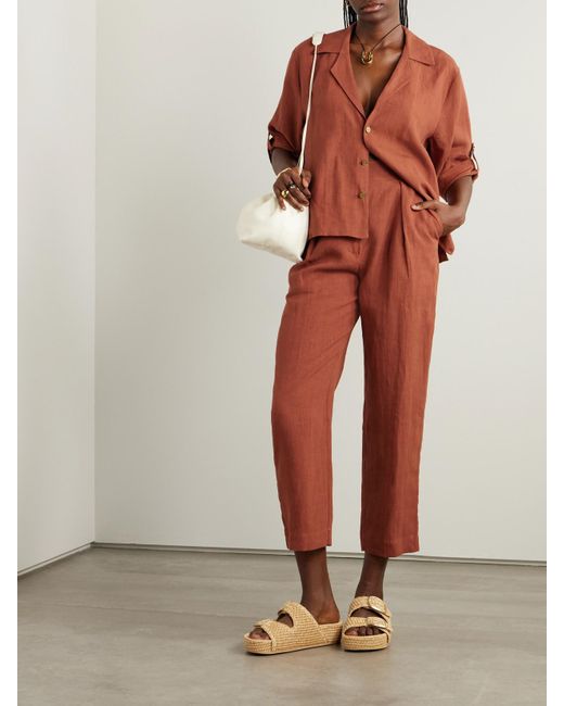 LeKasha Red Jaouf Cropped Pleated Organic Linen Straight-Leg Pants