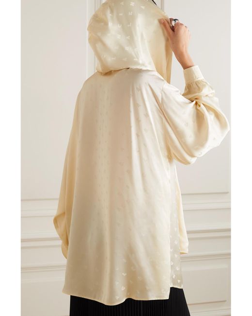 Balenciaga Natural Oversized Hooded Pussy-Bow Satin-Jacquard Blouse