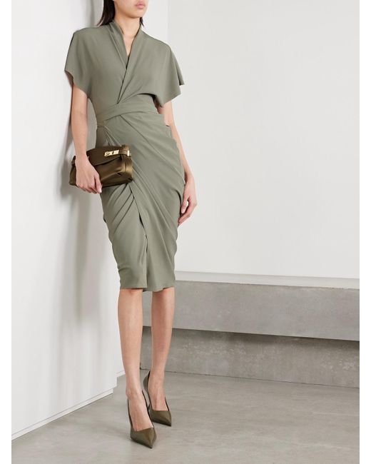 Rick Owens Green Draped Crepe Midi Wrap Dress