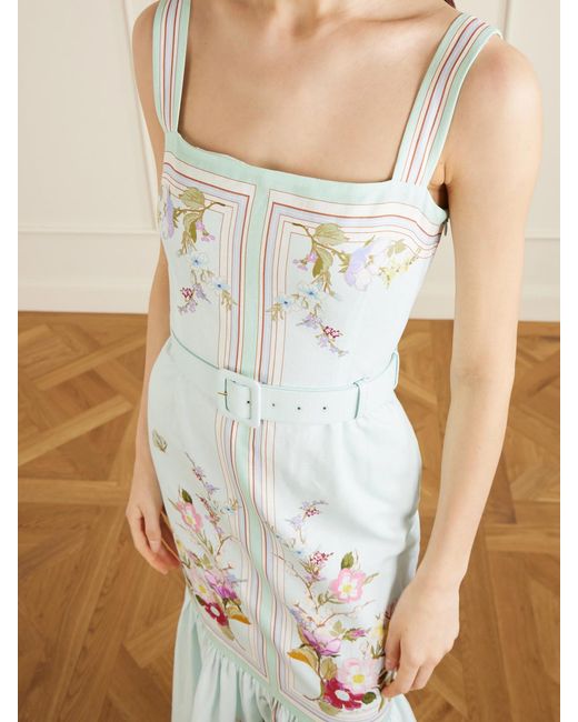 Self-Portrait White Belted Floral-Print Linen And Cotton-Blend Midi Dress