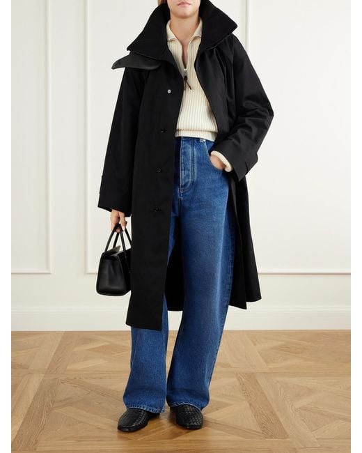 Bottega Veneta Black Belted Intrecciato Leather-Trimmed Cotton-Gabardine Coat
