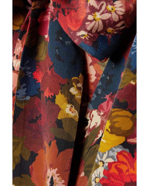 Doen Red Blossom Pussy-Bow Floral-Print Silk-Crepe Maxi Dress