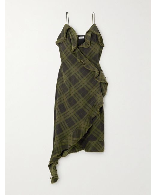 Burberry Green Asymmetric Ruffled Checked Silk-Crepe Dress
