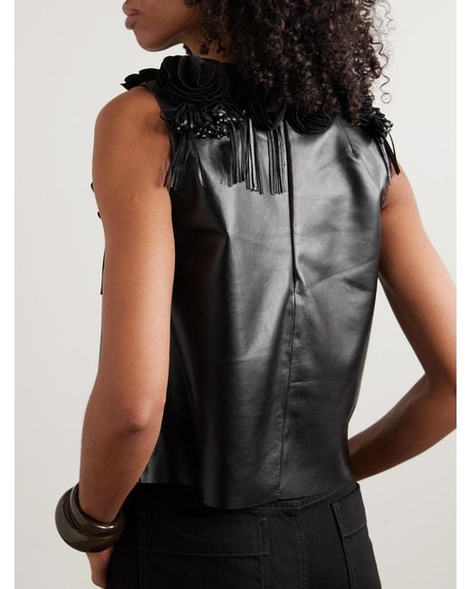 Ulla Johnson Black Marlowe Floral-Appliquéd Leather Top
