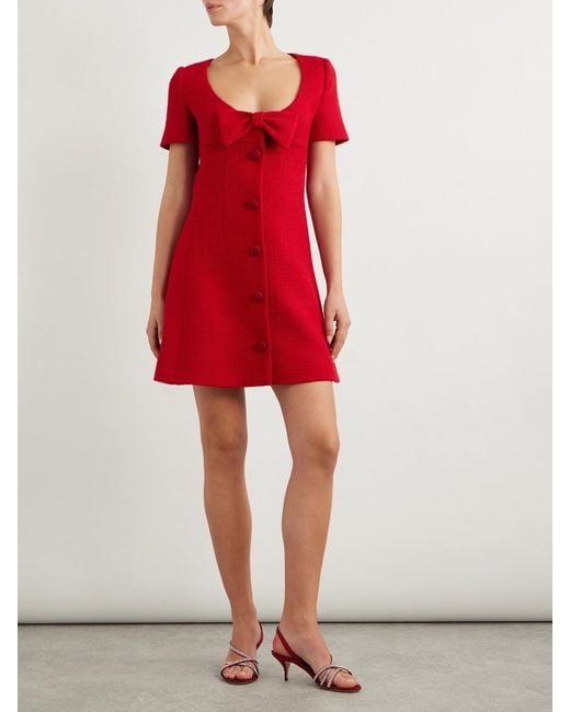 Valentino Garavani Red Bow-Detailed Wool-Blend Tweed Mini Dress