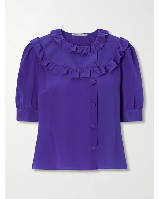 Alessandra Rich Purple Ruffle-Collar Silk Organza Shirt