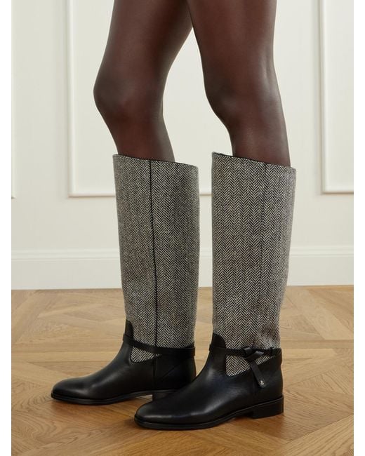 Jimmy Choo Gray Lawton Leather-Trimmed Herringbone Knee Boots