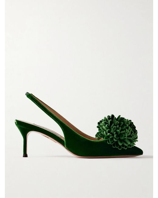 Aquazzura Women's Green Couturier 65 Pompom-Embellished Velvet Slingback Pumps